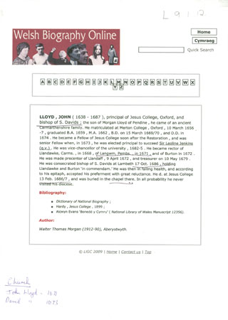 Print out of information on John Lloyd, former Rector Llangwm.